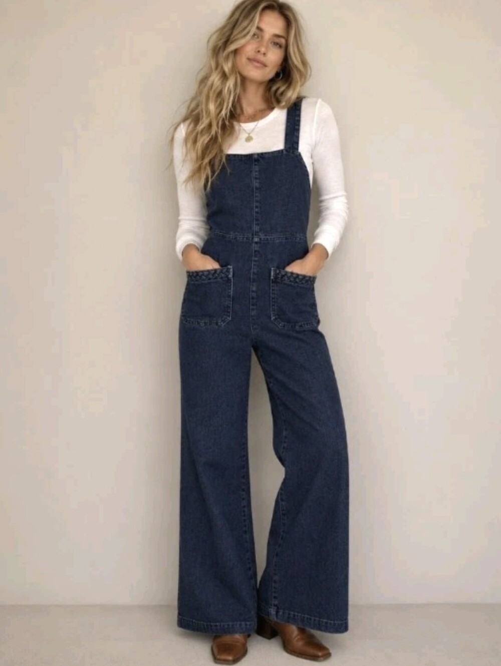 Driftwood Denim Overalls Jumpsuit Dark Wash Patch Pockets Wide Leg Women's Sz M